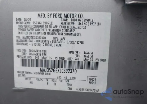 2020 Ford Ecosport Se z USA, uszkodzony, nr VIN MAJ3S2GEXLC392370